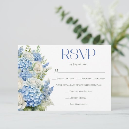 Elegant Blue Hydrangea Floral Meal Choice Wedding 出欠カード (スタンド正面)