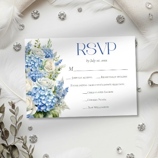 Elegant Blue Hydrangea Floral Meal Choice Wedding 出欠カード