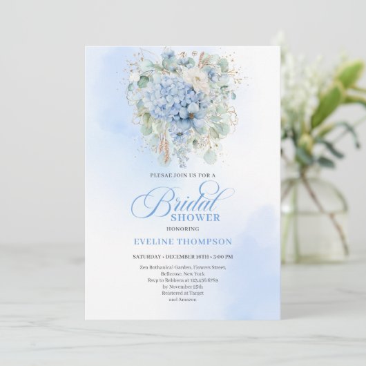 Elegant Blue Hydrangea Gold Bridal Shower Invite 招待状 (スタンド正面)