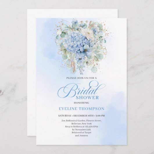 Elegant Blue Hydrangea Gold Bridal Shower Invite 招待状 (正面/裏面)