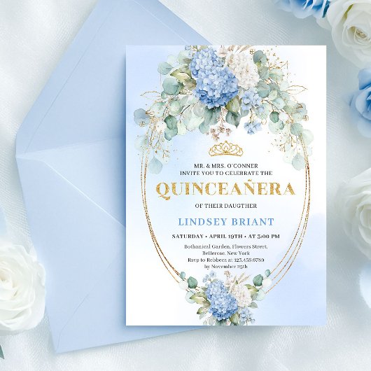 Elegant Blue Hydrangea Gold Quinceañera Invitation 招待状