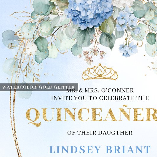 Elegant Blue Hydrangea Gold Quinceañera Invitation 招待状
