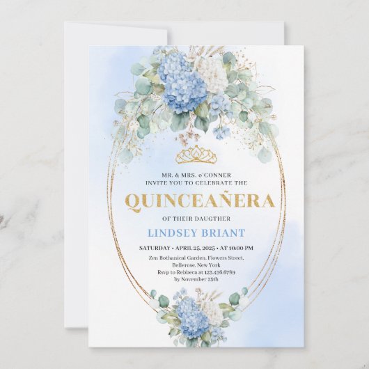 Elegant Blue Hydrangea Gold Quinceañera Invitation 招待状 (正面)