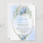 Elegant Blue Hydrangea Gold Script 16th Birthday 招待状 (正面)