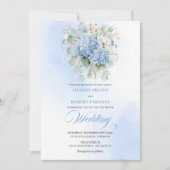 Elegant Blue Hydrangea Gold Script Wedding Invite 招待状 (正面)