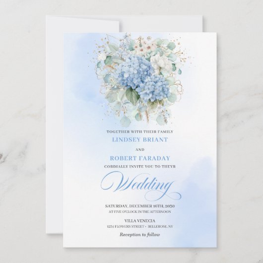 Elegant Blue Hydrangea Gold Script Wedding Invite 招待状 (正面)
