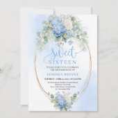 Elegant Blue Hydrangea Gold Sweet Sixteen Invite 招待状 (正面)