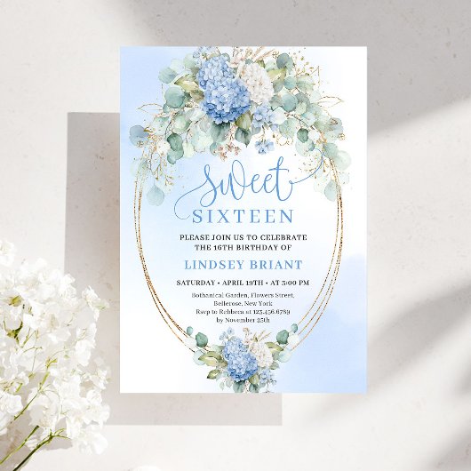 Elegant Blue Hydrangea Gold Sweet Sixteen Invite 招待状