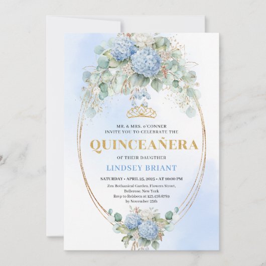 Elegant Blue Hydrangea Greenery Quince Invite 招待状 (正面)
