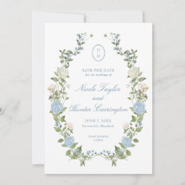 Elegant Blue Hydrangea Monogram Save the Date 招待状