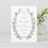 Elegant Blue Hydrangea Monogram Save the Date 招待状 (スタンド正面)
