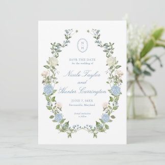 Elegant Blue Hydrangea Monogram Save the Date 招待状