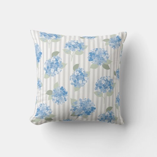 Elegant Blue Hydrangea Pattern Gray Stripe  クッション (正面)