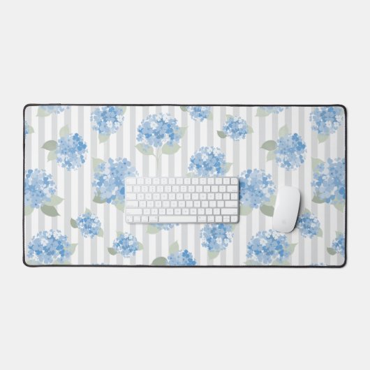 Elegant Blue Hydrangea Pattern Gray Stripe  デスクマット (キーボード&マウス)
