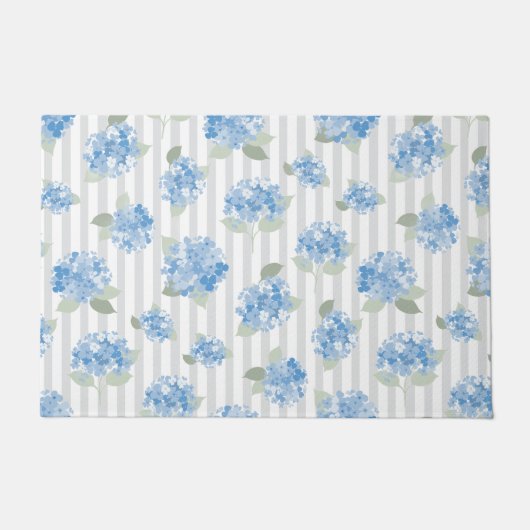 Elegant Blue Hydrangea Pattern Gray Stripe  ドアマット (正面)