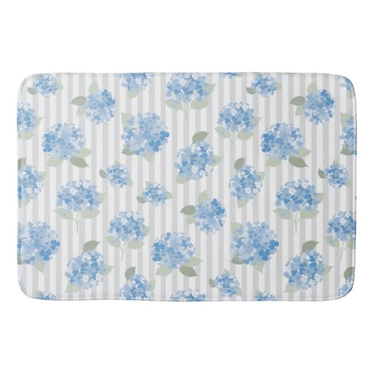 Elegant Blue Hydrangea Pattern Gray Stripe バスマット (正面)