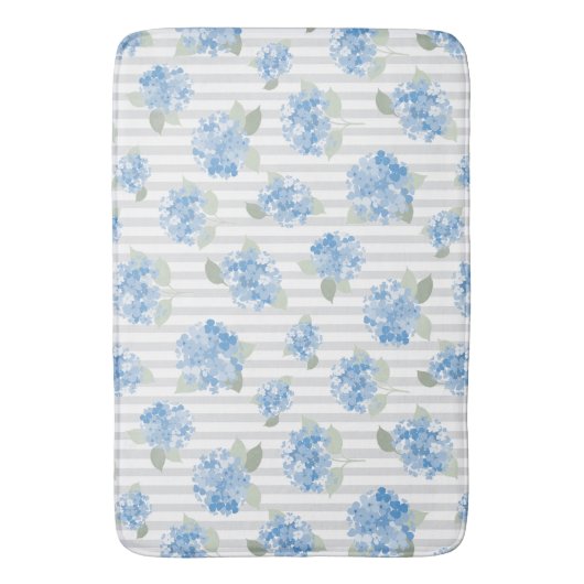 Elegant Blue Hydrangea Pattern Gray Stripe バスマット (正面縦)