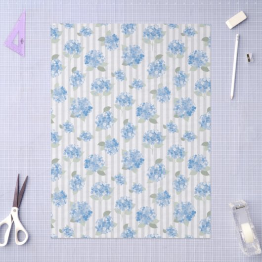 Elegant Blue Hydrangea Pattern Gray Stripe  薄葉紙 (クラフト)