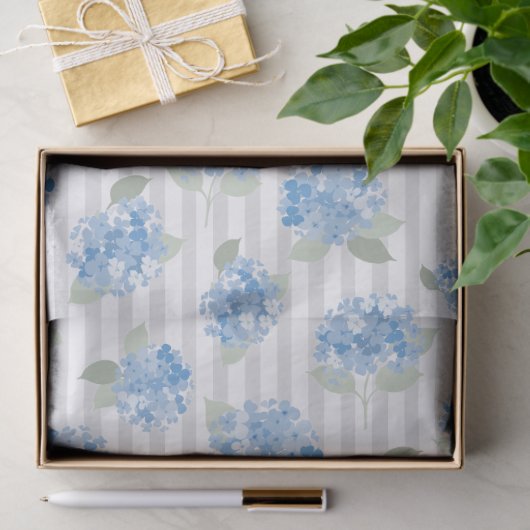 Elegant Blue Hydrangea Pattern Gray Stripe  薄葉紙 (ギフト)