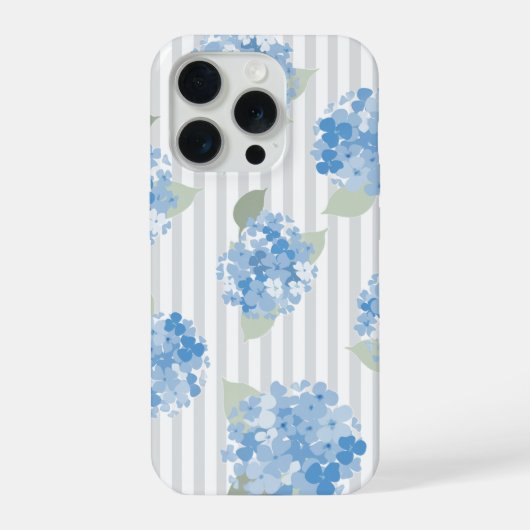 Elegant Blue Hydrangea Pattern Gray Stripe  iPhoneケース (裏面)