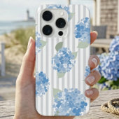 Elegant Blue Hydrangea Pattern Gray Stripe  iPhoneケース