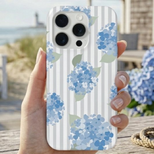 Elegant Blue Hydrangea Pattern Gray Stripe  iPhoneケース