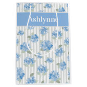Elegant Blue Hydrangea Pattern Gray Stripe Name ミディアムペーパーバッグ (正面)