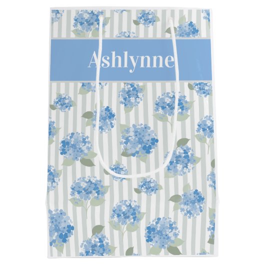 Elegant Blue Hydrangea Pattern Gray Stripe Name ミディアムペーパーバッグ (裏面)