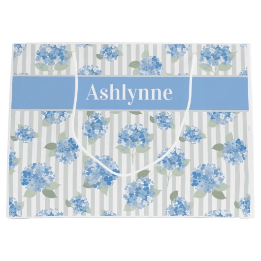 Elegant Blue Hydrangea Pattern Gray Stripe Name ラージペーパーバッグ (正面)