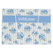 Elegant Blue Hydrangea Pattern Gray Stripe Name ラージペーパーバッグ (裏面)