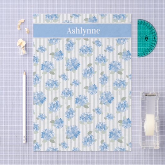 Elegant Blue Hydrangea Pattern Gray Stripe Name 薄葉紙 (クラフト)