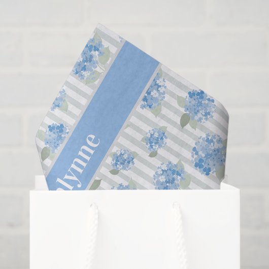 Elegant Blue Hydrangea Pattern Gray Stripe Name 薄葉紙 (ギフトバッグ)