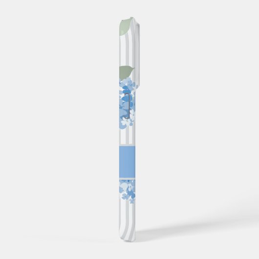 Elegant Blue Hydrangea Pattern Gray Stripe Name iPhoneケース (右側面)