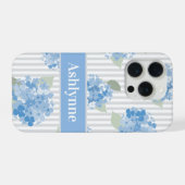 Elegant Blue Hydrangea Pattern Gray Stripe Name iPhoneケース (裏面横)