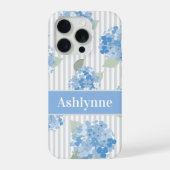 Elegant Blue Hydrangea Pattern Gray Stripe Name iPhoneケース (裏面)