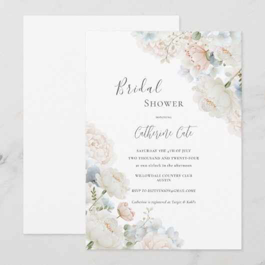 Elegant Blue Hydrangea Peonies Bridal Shower  招待状 (正面/裏面)