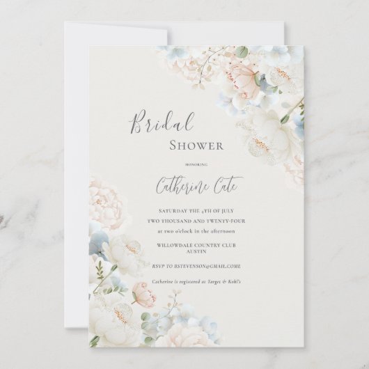 Elegant Blue Hydrangea Peonies Bridal Shower  招待状 (正面)