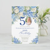 Elegant Blue Hydrangea Roses Photo Birthday Party 招待状 (スタンド正面)