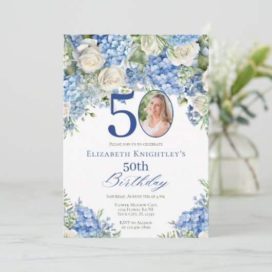 Elegant Blue Hydrangea Roses Photo Birthday Party 招待状 (スタンド正面)