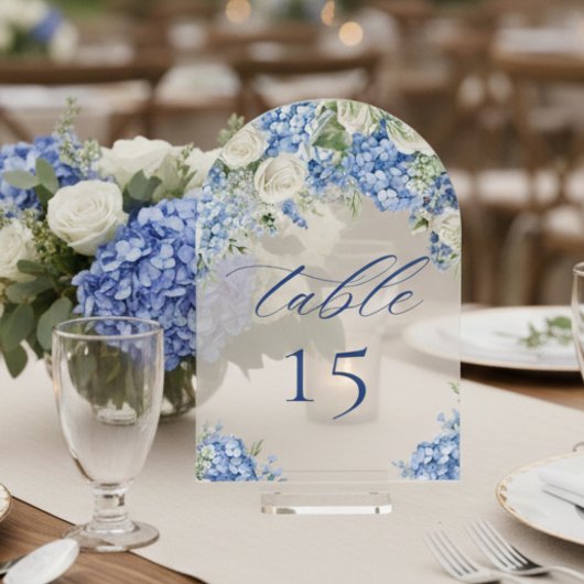 Elegant Blue Hydrangea Roses Wedding Table Number アクリル招待状