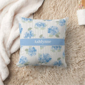 Elegant Blue Hydrangea Sage Green Gray Stripe Name クッション (ブランケット)