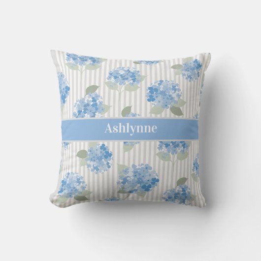 Elegant Blue Hydrangea Sage Green Gray Stripe Name クッション (正面)