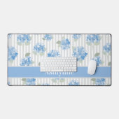 Elegant Blue Hydrangea Sage Green Gray Stripe Name デスクマット (キーボード&マウス)