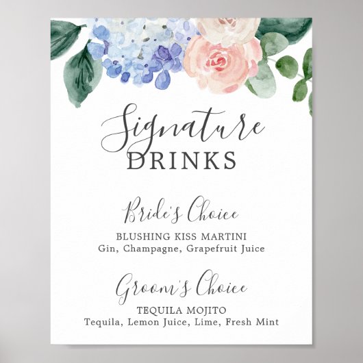Elegant Blue Hydrangea Signature Drinks Sign ポスター (正面)