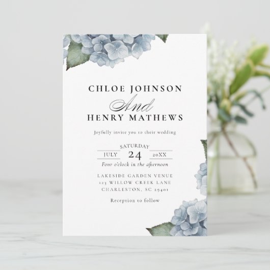 Elegant Blue Hydrangea Wedding 招待状 (スタンド正面)