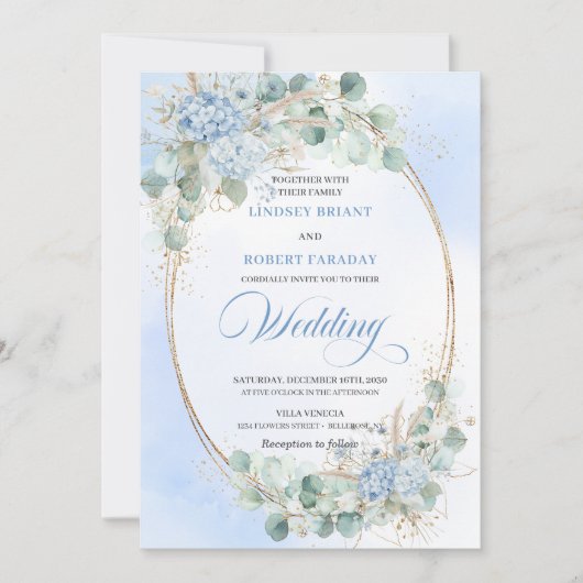 Elegant Blue Hydrangea Wheat Gold Oval Wedding   招待状 (正面)