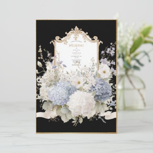 Elegant Blue Hydrangeas Black Vintage Wedding 招待状 (スタンド正面)
