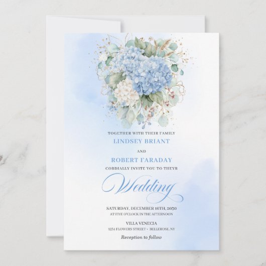 Elegant Blue Hydrangeas Floral Wedding Invitation 招待状 (正面)