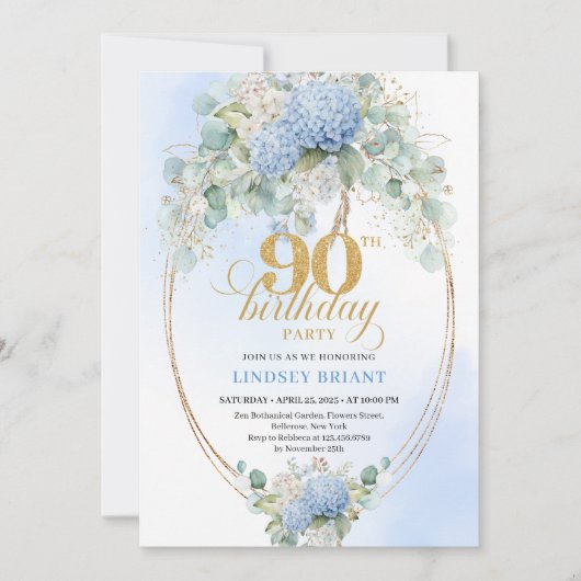 Elegant Blue Hydrangeas Gold 90th Birthday Invites 招待状 (正面)