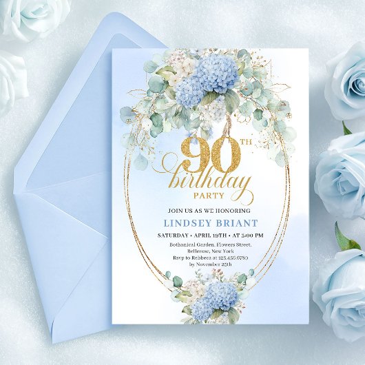 Elegant Blue Hydrangeas Gold 90th Birthday Invites 招待状